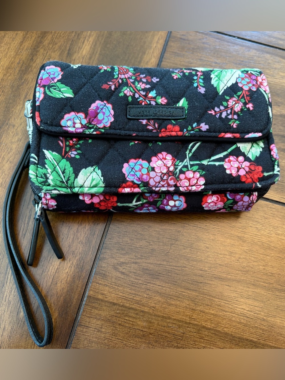Vera Bradley Black Quilted “Winter Berry Floral” Pattern Wristlet Wallet